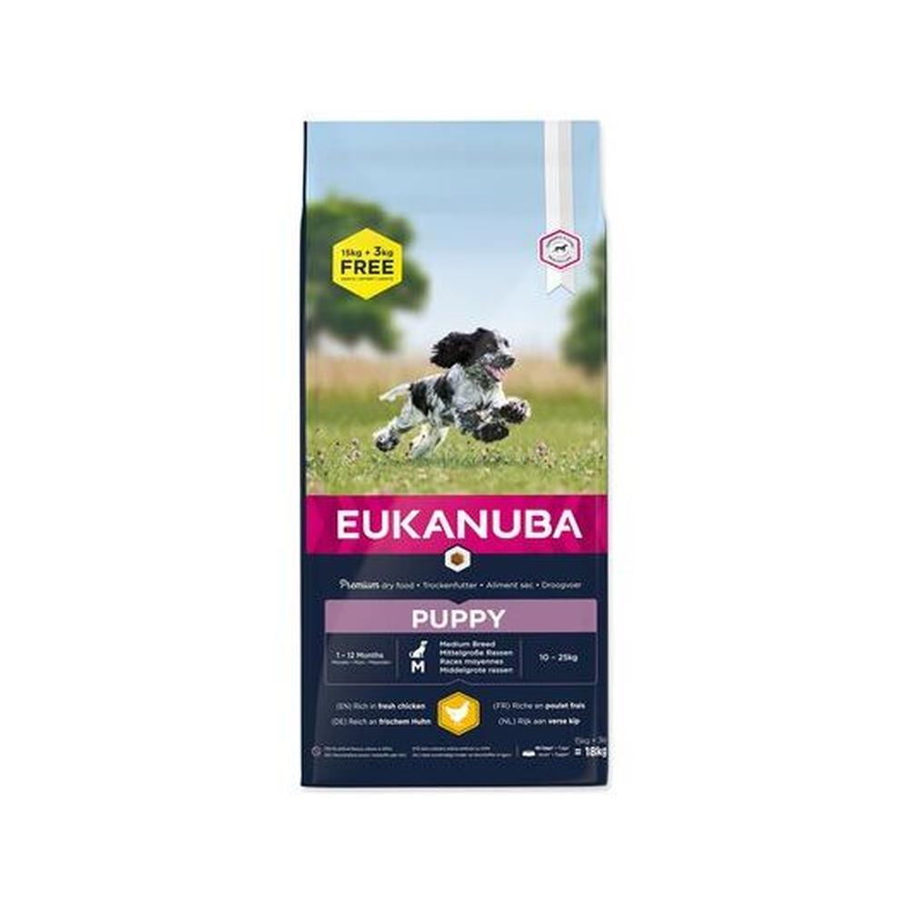 Eukanuba Puppy Medium Breed Pui – Hrană uscată pentru căței talie medie, 15+3 kg Gratuit