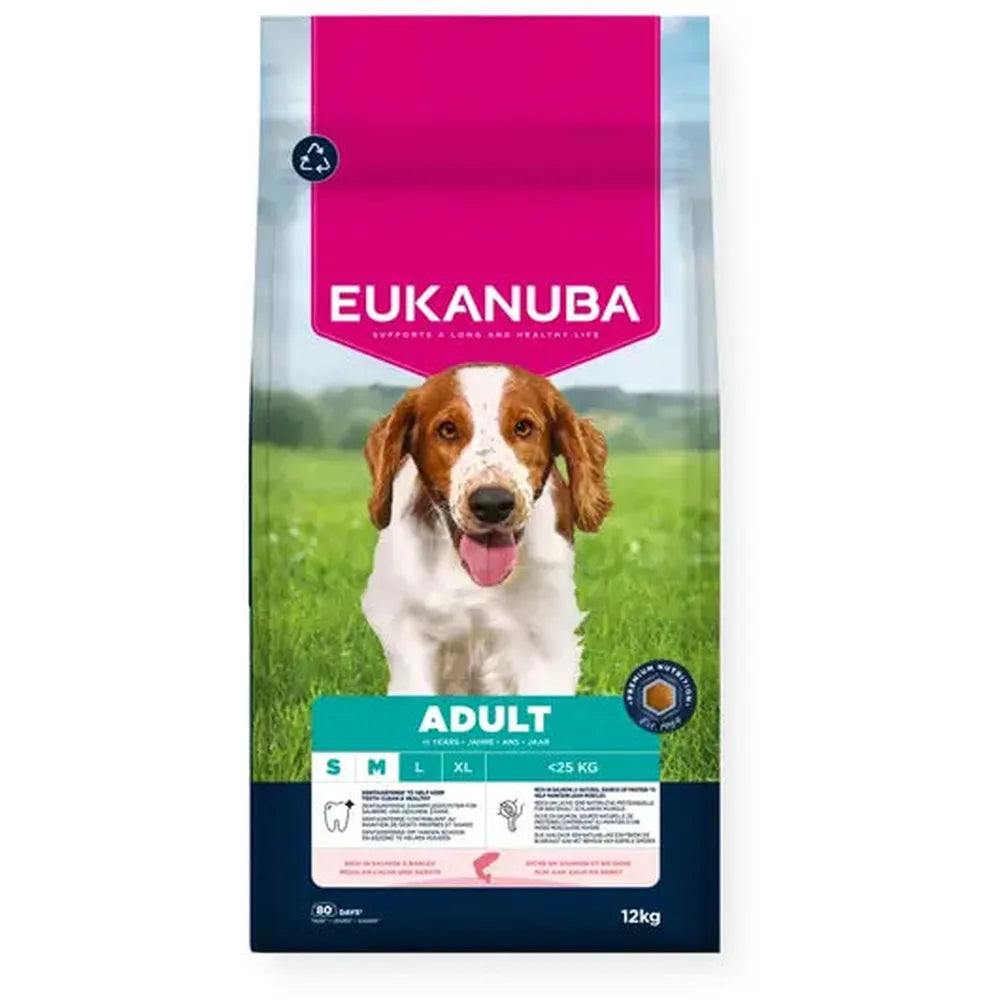 EUKANUBA Adult Mic/Mediu Somon & Orz, L-Carnitină & Blană Lucioasă, 12 Kg