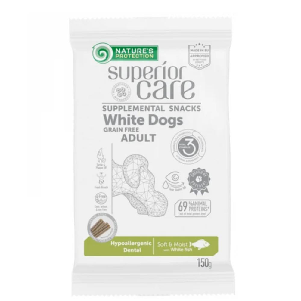 Nature’s Protection White Dogs Hypoallergenic Dental cu Pește Alb 150g – Snack Dentar Hipoalergenic pentru Câini cu Blană Albă