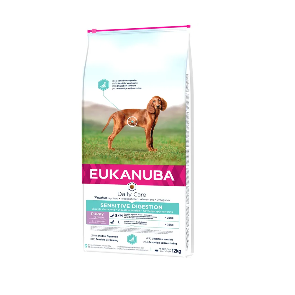Eukanuba Puppy Sensitive Digestion – Hrană uscată pentru căței, Pui & Curcan, 12 kg