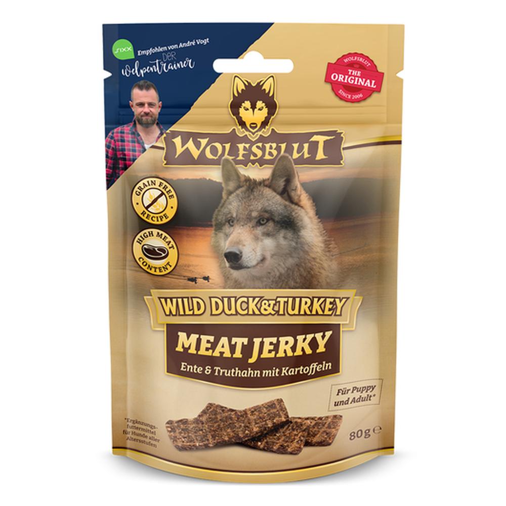 WOLFSBLUT Recompense Wild Duck Jerky, Rață & Curcan, 80% Carne, 80g