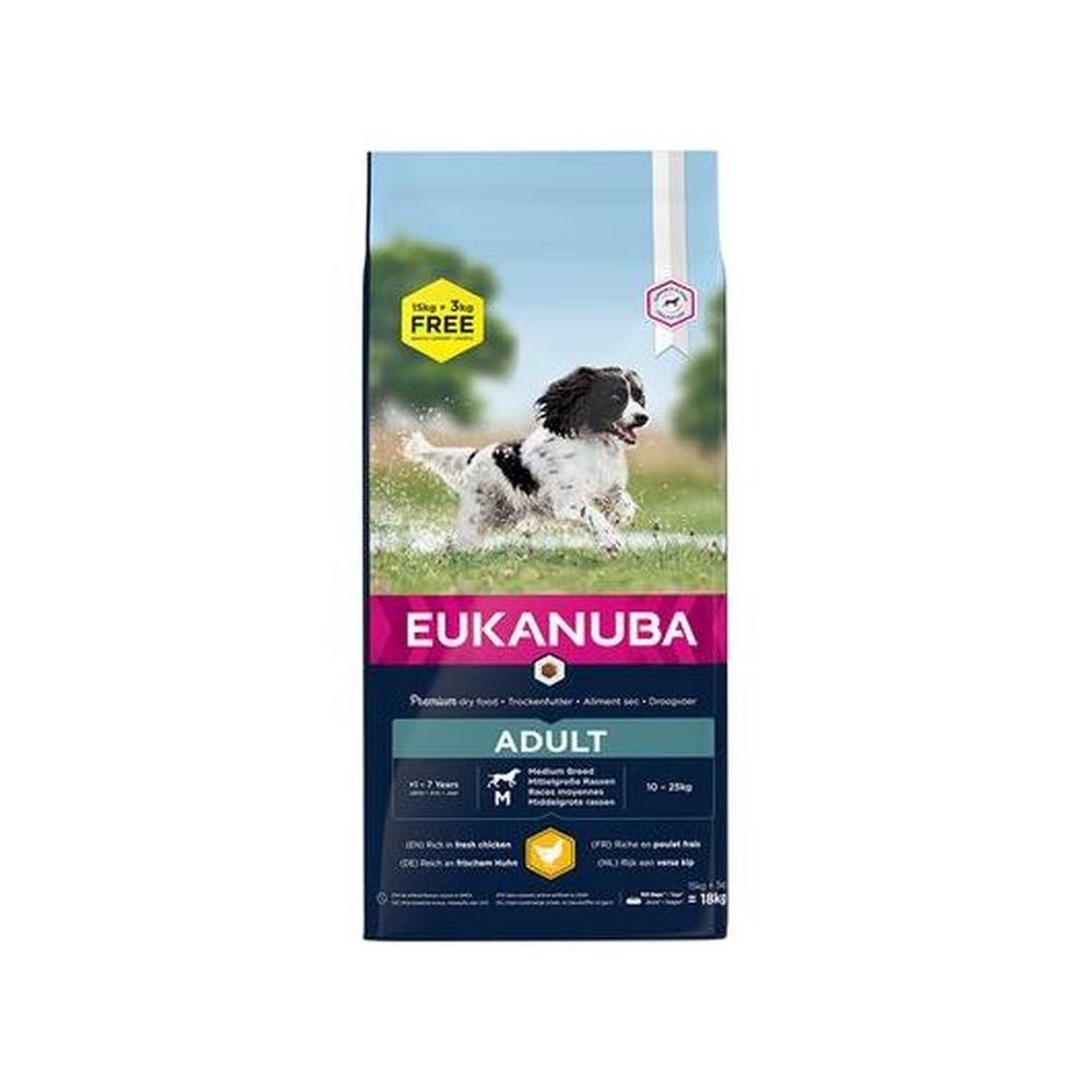 Eukanuba Adult Medium Breed – Hrană uscată pentru câini adulți de talie medie, Pui, 15 + 3 kg