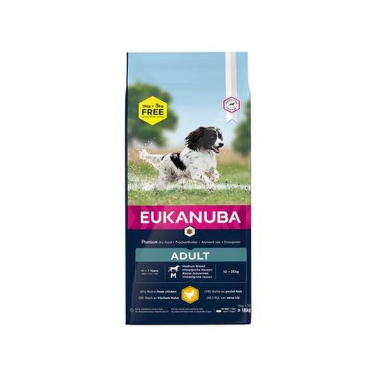 Eukanuba Adult Medium Breed – Hrană uscată pentru câini adulți de talie medie, Pui, 15 + 3 kg