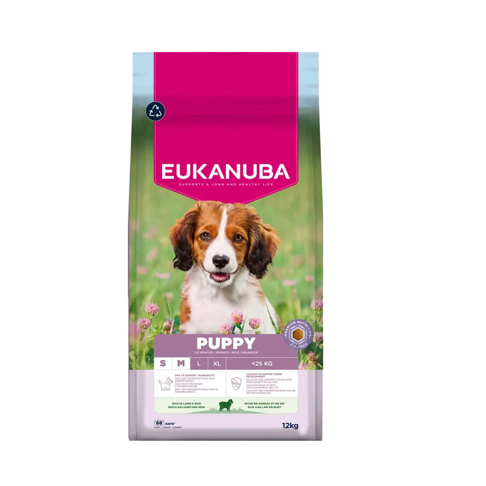 Eukanuba Puppy Small & Medium Breeds Lamb & Rice – Hrană uscată căței miel & orez, 12 kg