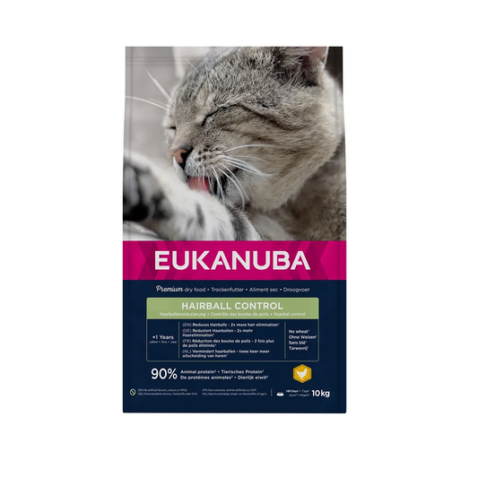 EUKANUBA Adult Pui, Hairball Control 90% Proteine Animale, 10 Kg