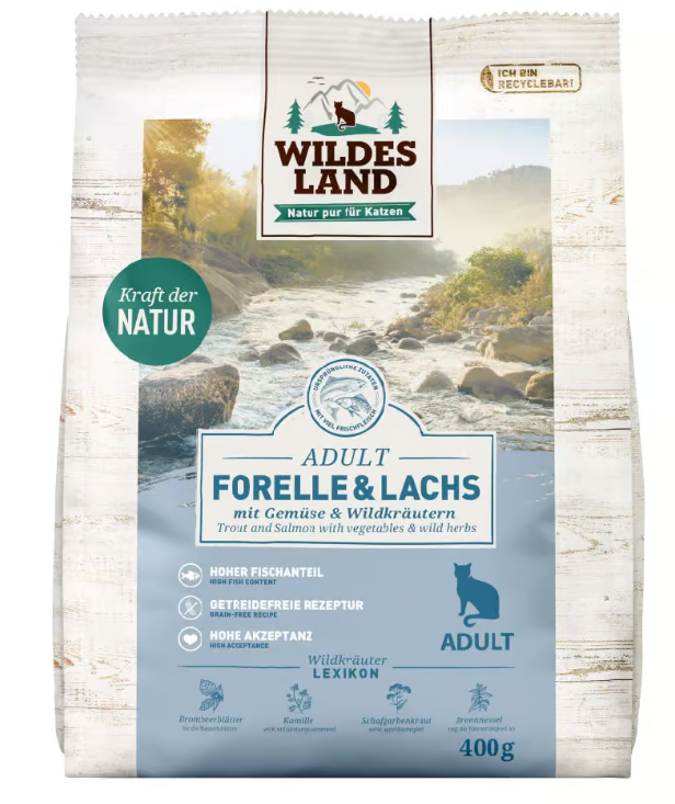 Wildes Land hrana uscate pentru pisici adulte cu pastrav si somon 400 g
