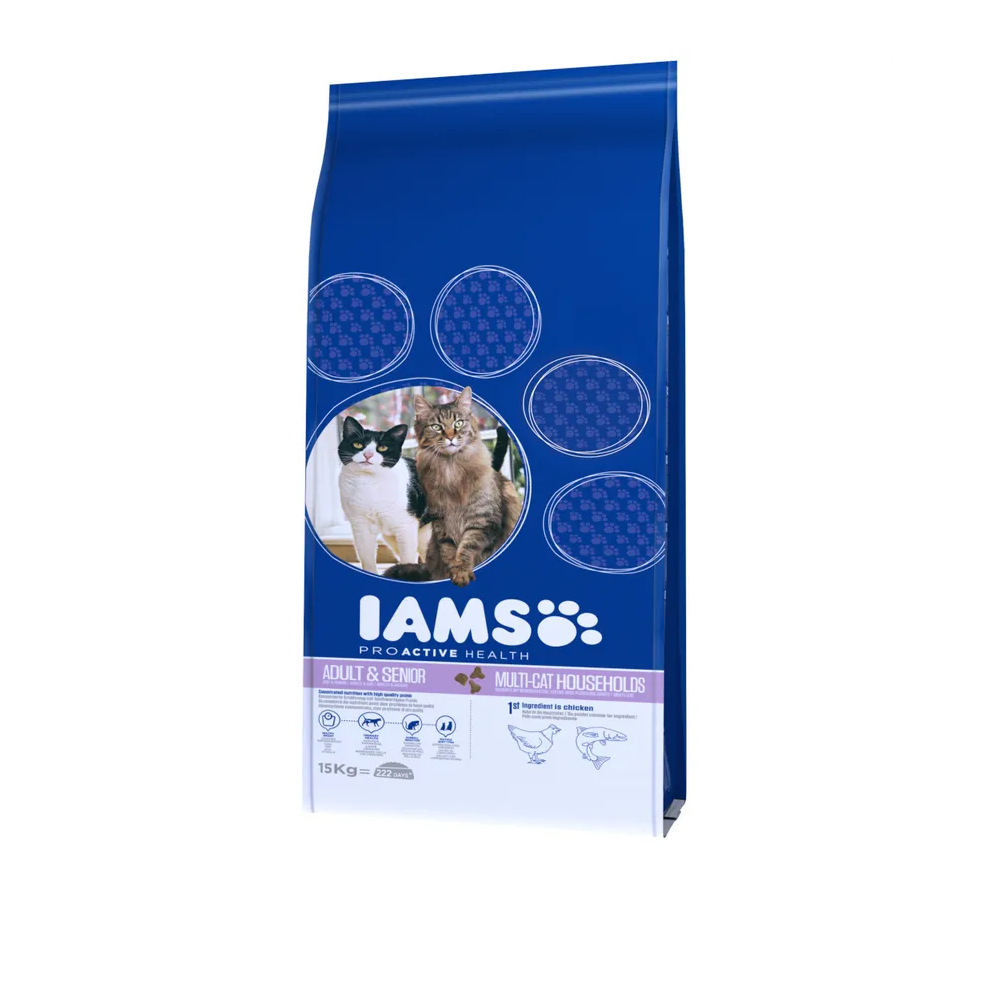 IAMS Multicat Pui & Somon, Hairball & Glucozamină, 15 Kg
