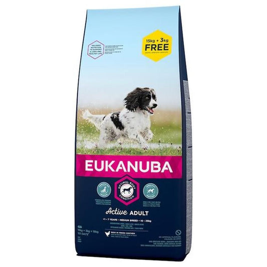 EUKANUBA Adult Medium Breed 15+3 kg – Hrană Uscată Câini Talie Medie | Pui 24%, Omega, DentaDefense, Digestie & Energie