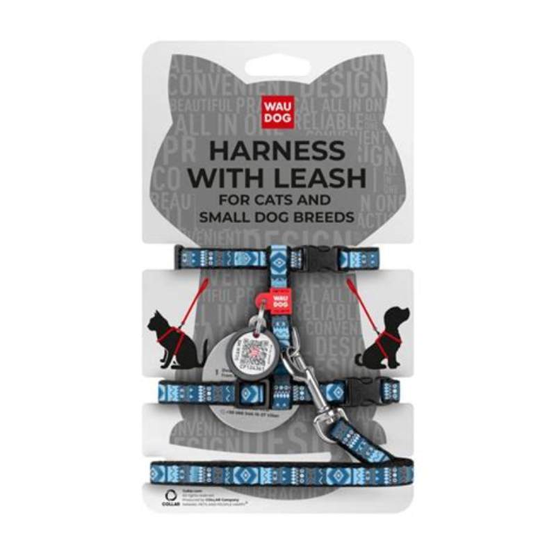 Waudog Ham nylon cu QR code Etno Blue 20mm50-80 cm - vedere frontală