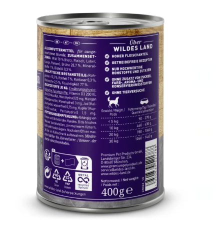 Wildes Land PUR hrana umeda pentru caini cu vanat 400 g